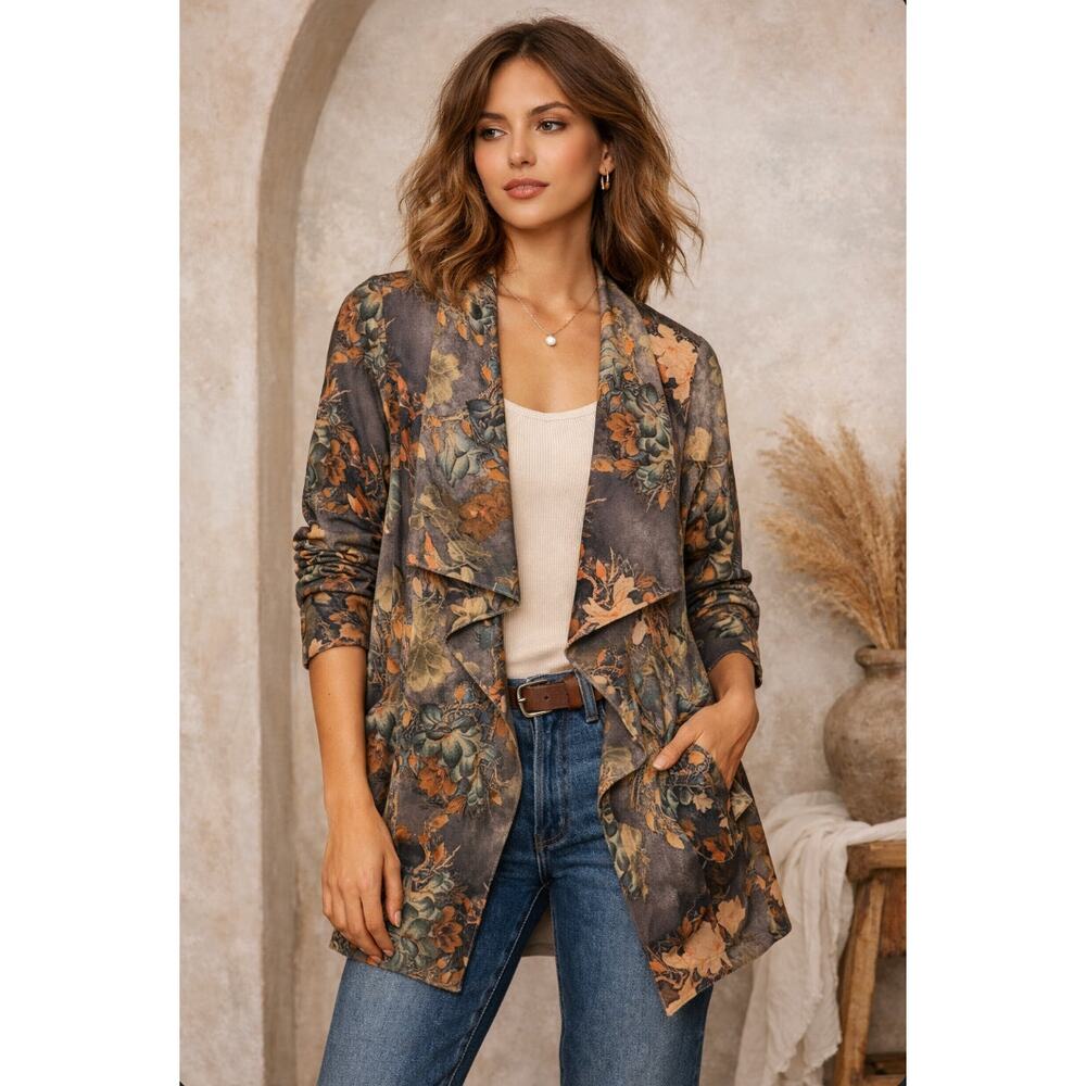 Solitaire Boho Floral Waterfall Drape Cardigan Artsy Cottagecore Layering Small